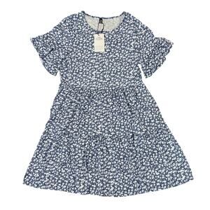 NWT Nclook Blue & White Boho Ruffle Short Sleeve Mini Dress - Size M